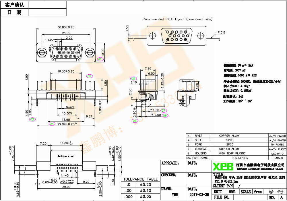 DMRH-15P 母頭 三排 前10后5沉板窄體 側(cè)叉式連接器規(guī)格書(shū)